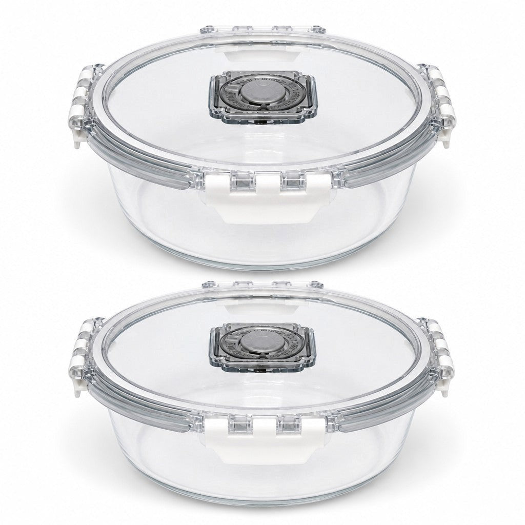 INOUTHOMECO set of two 1100ml round borosilicate glass food containers with airtight vented clip-lock lids