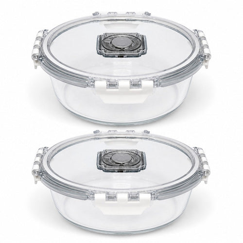INOUTHOMECO set of two 1100ml round borosilicate glass food containers with airtight vented clip-lock lids