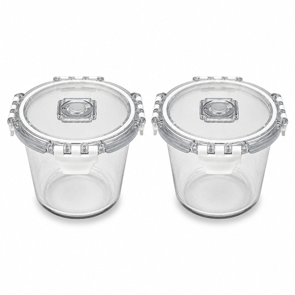INOUTHOMECO set of two 650ml round glass food containers with clear airtight clip-lock lids and integrated steam vents.