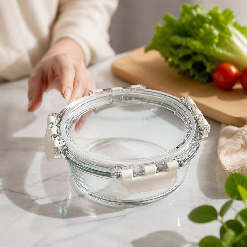 INOUTHOMECO 635ml round borosilicate glass food storage bowl with a clear 4-latch airtight lid on a marble surface.