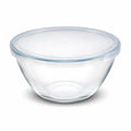 INOUTHOMECO 800ml round borosilicate glass mixing bowl with a clear, flexible press-fit lid for food storage.