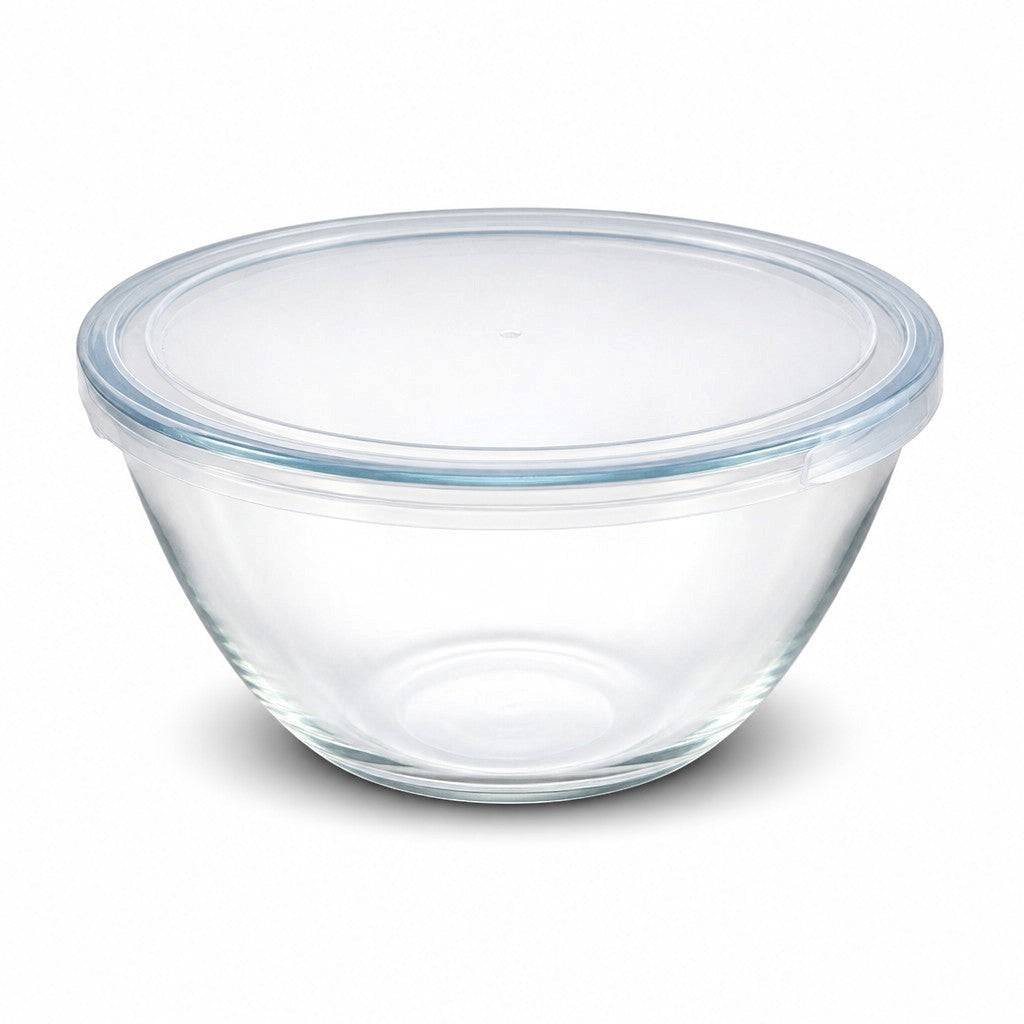 INOUTHOMECO 800ml round borosilicate glass mixing bowl with a clear, flexible press-fit lid for food storage.