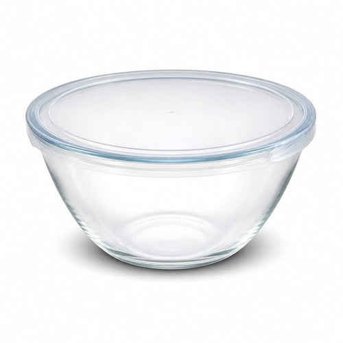 INOUTHOMECO 800ml round borosilicate glass mixing bowl with a clear, flexible press-fit lid for food storage.