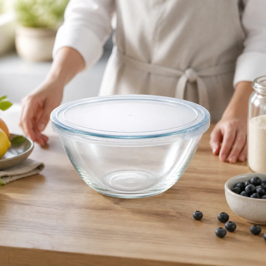 INOUTHOMECO 800ml round borosilicate glass mixing bowl with a clear press-fit lid on a wooden kitchen counter.