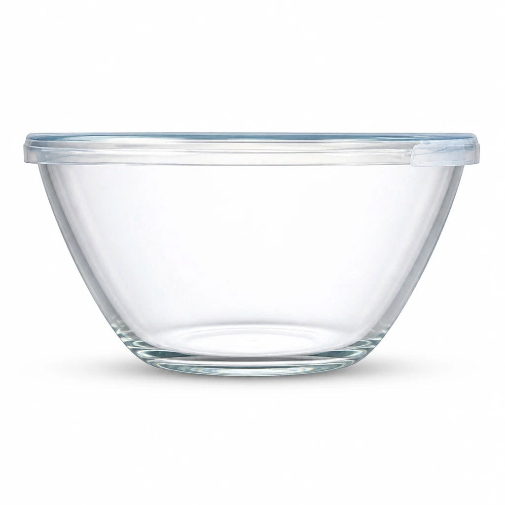 INOUTHOMECO 800ml round borosilicate glass mixing bowl with a clear press-fit lid for kitchen prep and food storage.
