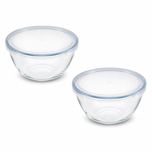 INOUTHOMECO set of two 800ml round borosilicate glass mixing bowls with clear press-fit lids for kitchen storage