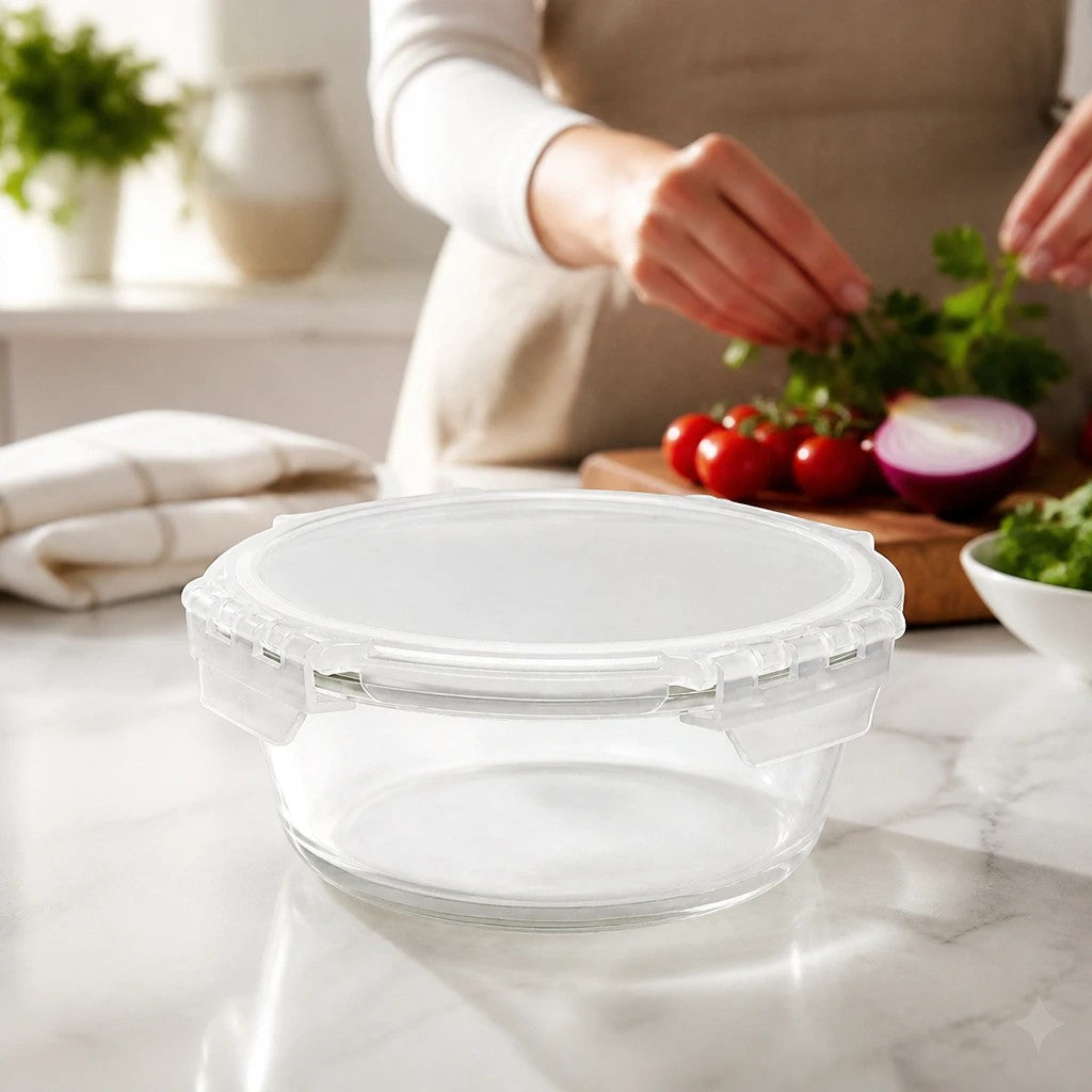INOUTHOMECO 930ml round borosilicate glass storage bowl with a clear airtight snap-lock lid on a marble countertop.