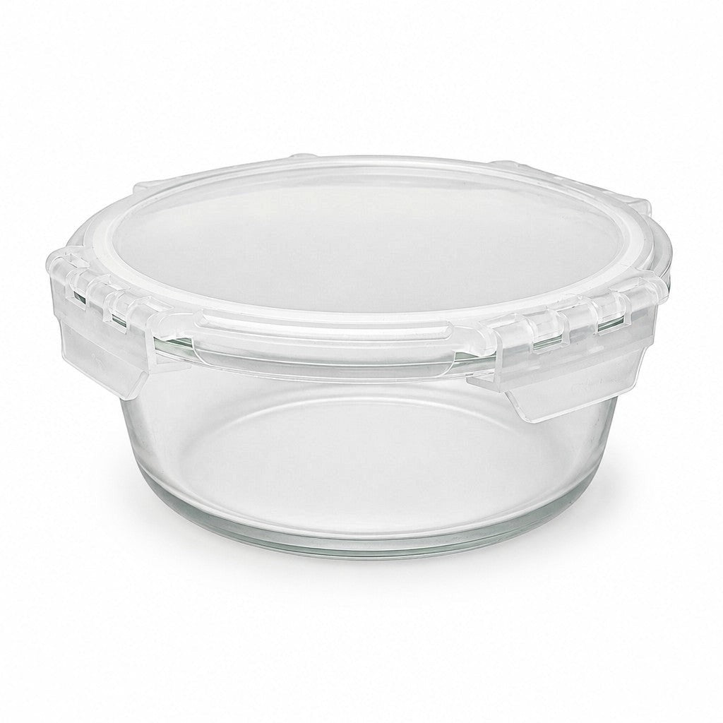 INOUTHOMECO 930ml round borosilicate glass storage bowl with clear airtight snap-lock lid and silicone seal