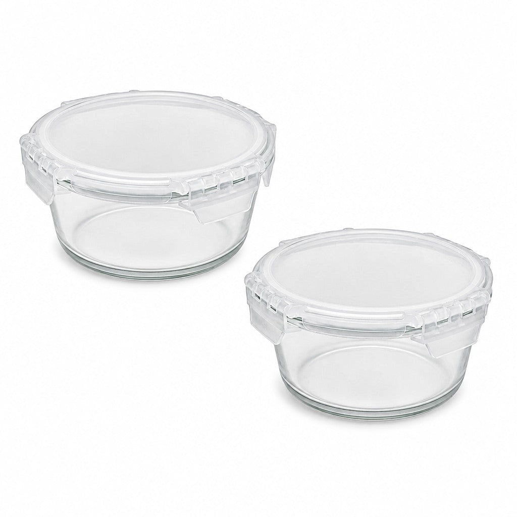 INOUTHOMECO set of two 930ml round borosilicate glass storage bowls with clear airtight snap-lock lids