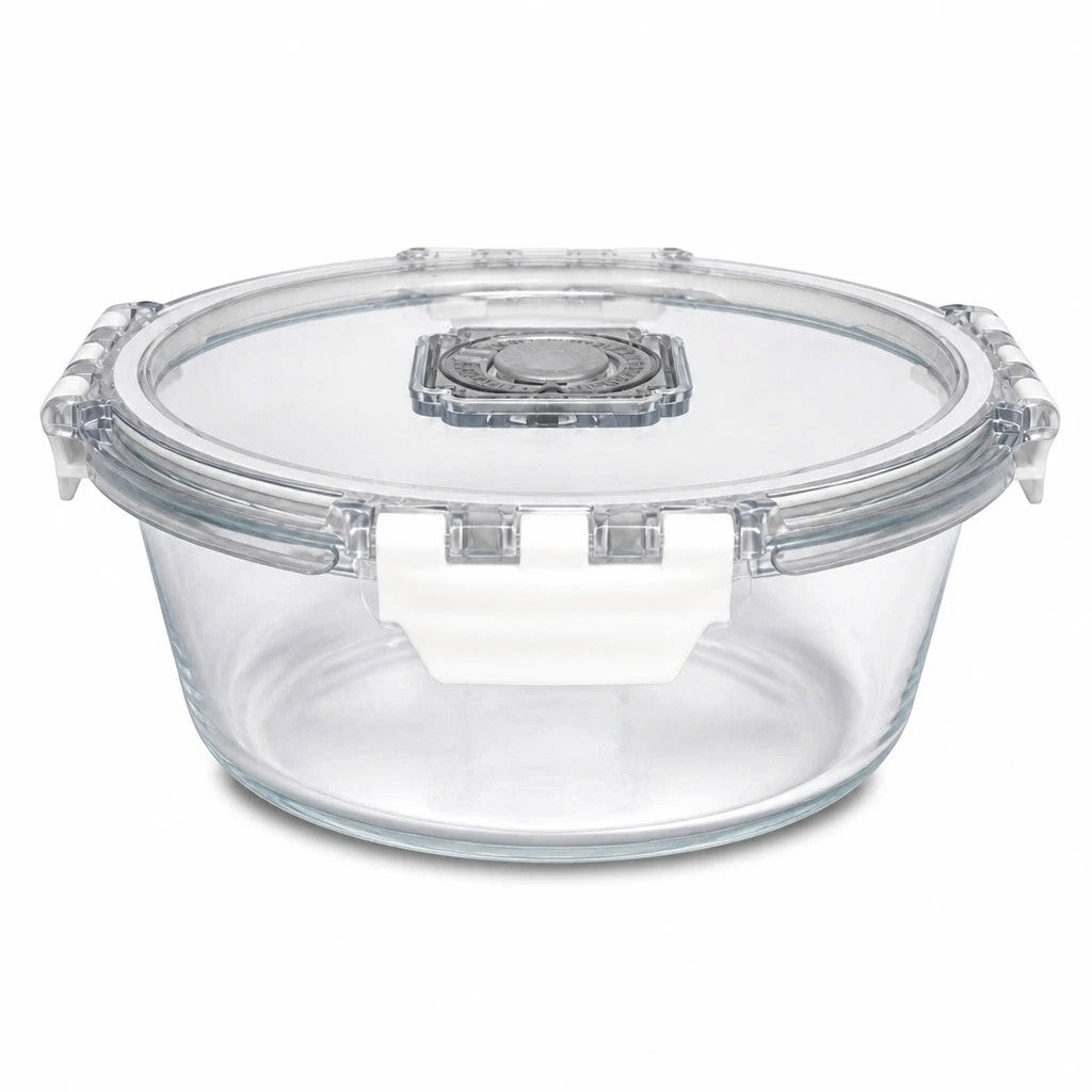 INOUTHOMECO 1100ml round borosilicate glass food storage container with a clear locking lid and steam vent.
