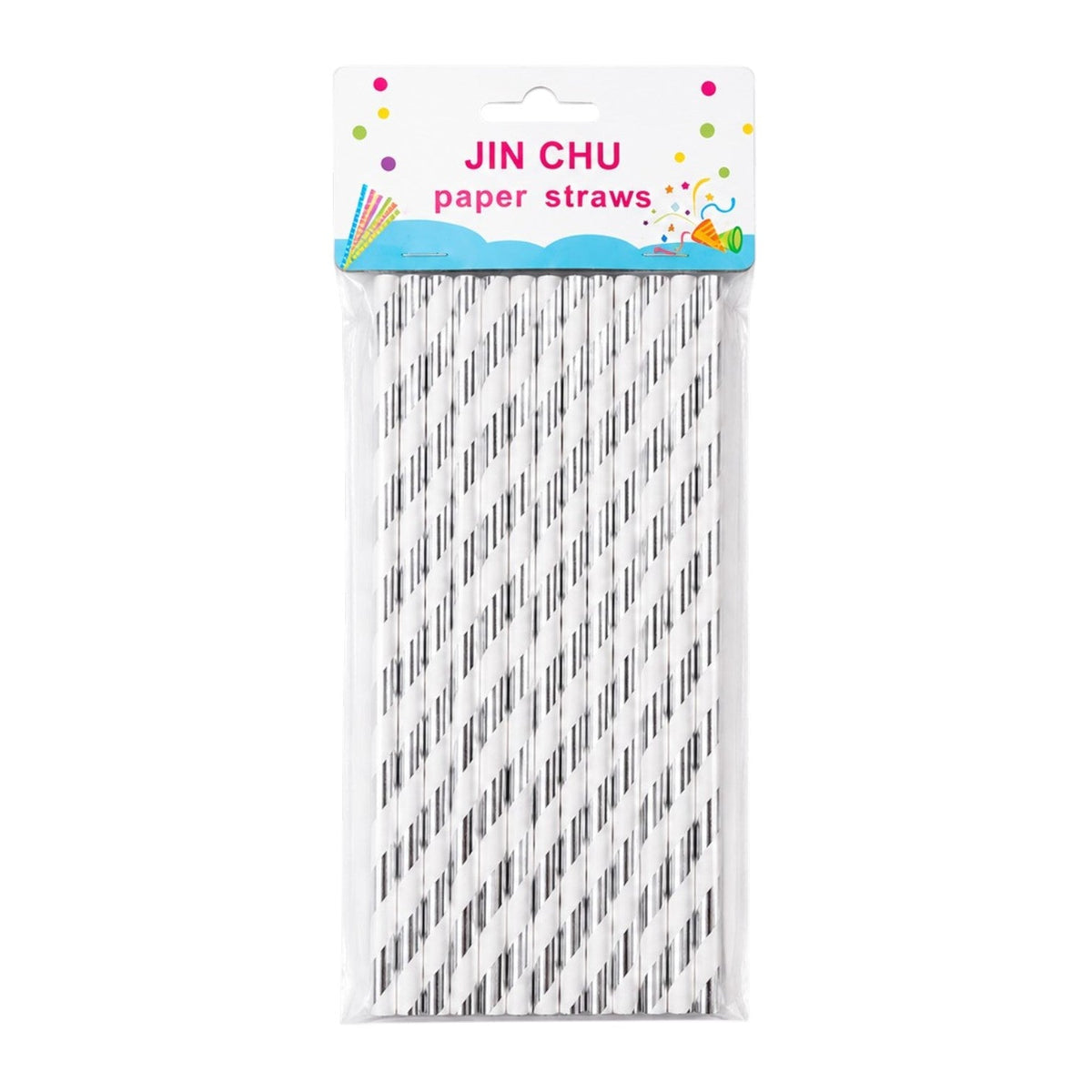 INOUTHOMECO pack of 25 disposable paper straws with silver metallic stripes in clear plastic packaging