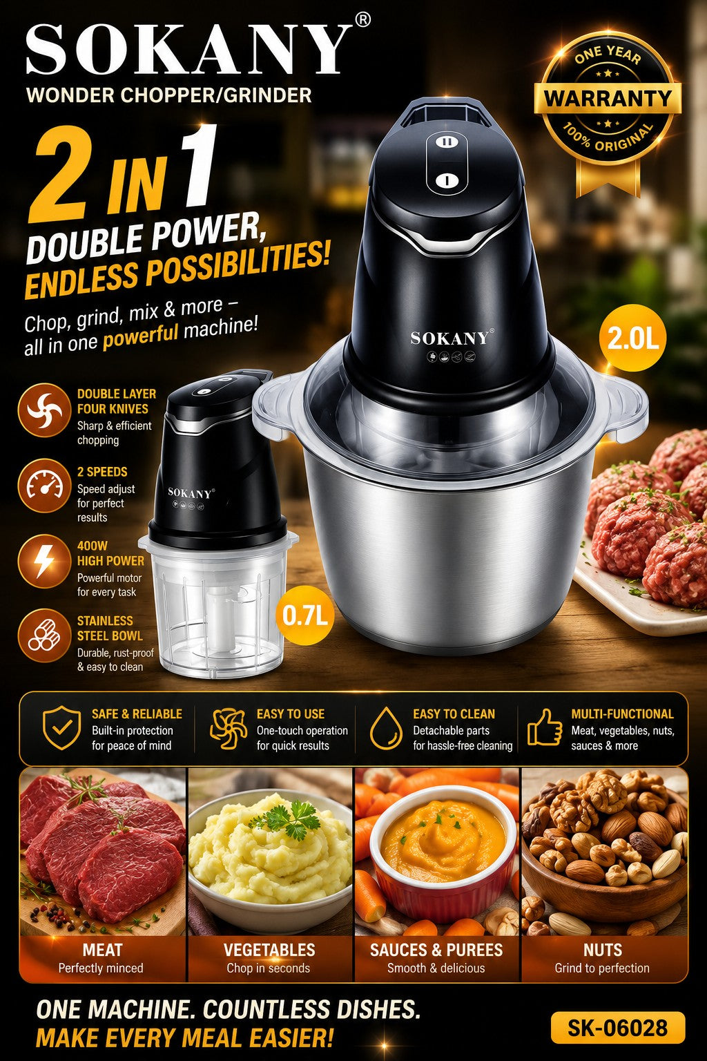 INOUTHOMECO SOKANY 2-in-1 electric food chopper and grinder with stainless steel bowls and 400W motor.