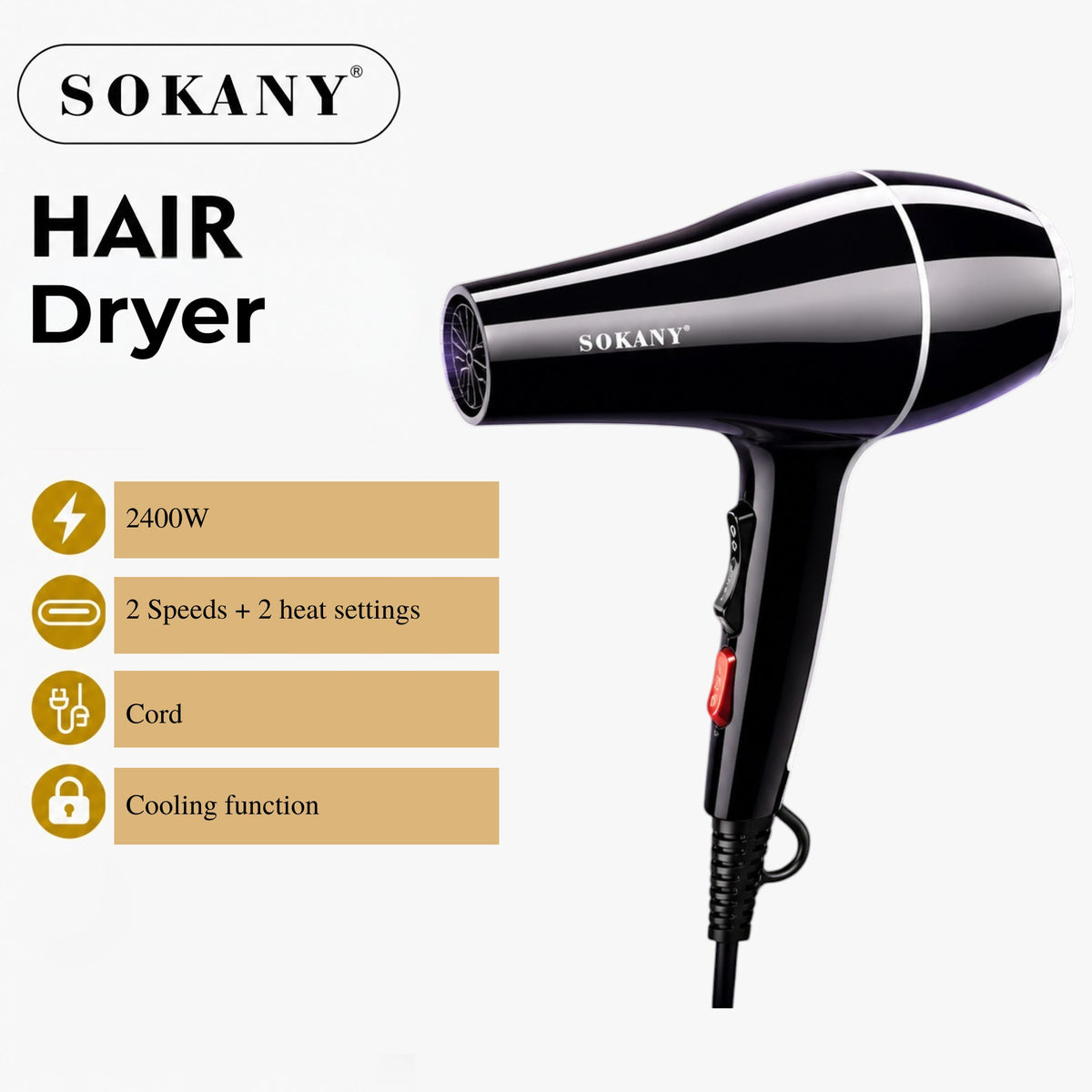 INOUTHOMECO Sokany 2400W professional hair dryer in black with adjustable speed, heat settings, and cooling function.