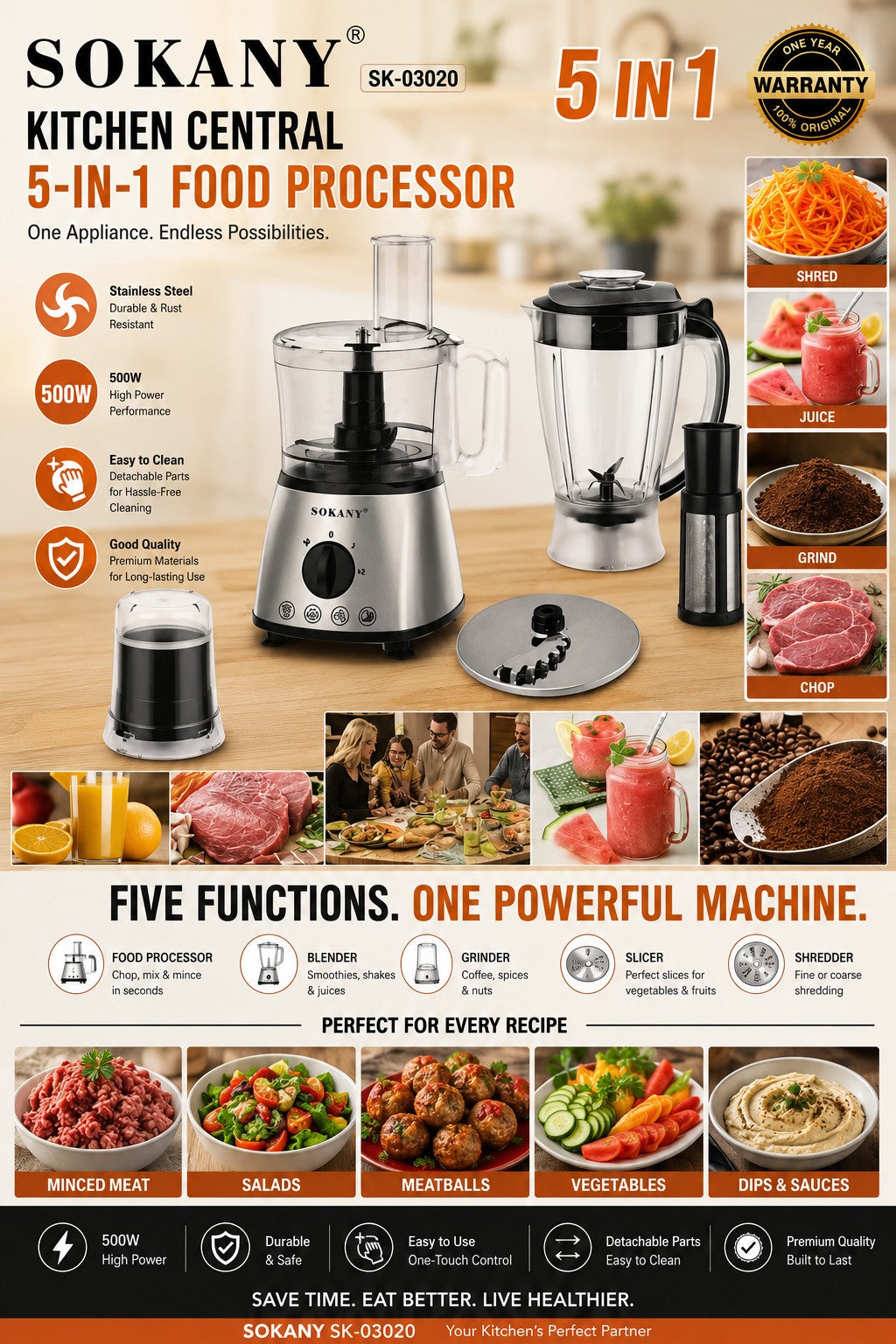 INOUTHOMECO Sokany 5-in-1 food processor with blender, grinder, and stainless steel blades for versatile kitchen prep.