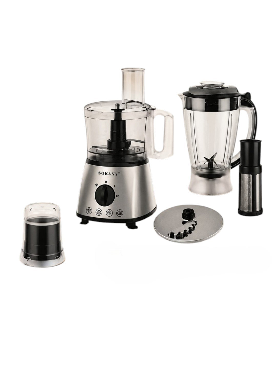 INOUTHOMECO Sokany 5-in-1 food processor with blender, grinder, and stainless steel blades in silver and black.
