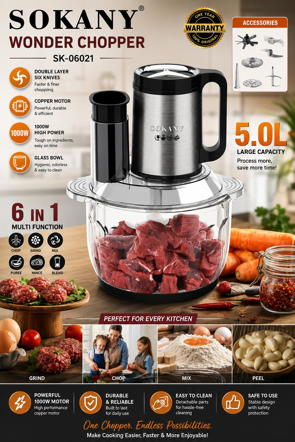 INOUTHOMECO SOKANY 6-in-1 Wonder Chopper with 5L glass bowl, 1000W motor, and 6-knife system for food preparation.
