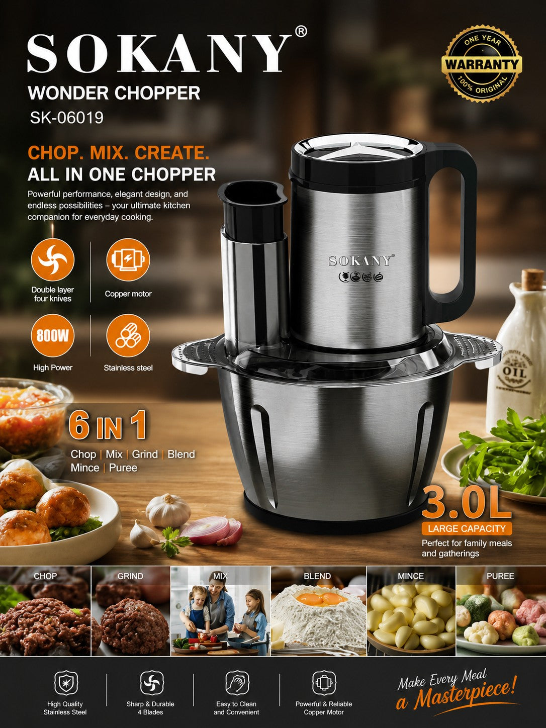 INOUTHOMECO SOKANY 6-in-1 Wonder Chopper with 3L stainless steel bowl, 800W motor, and 4-blade assembly.