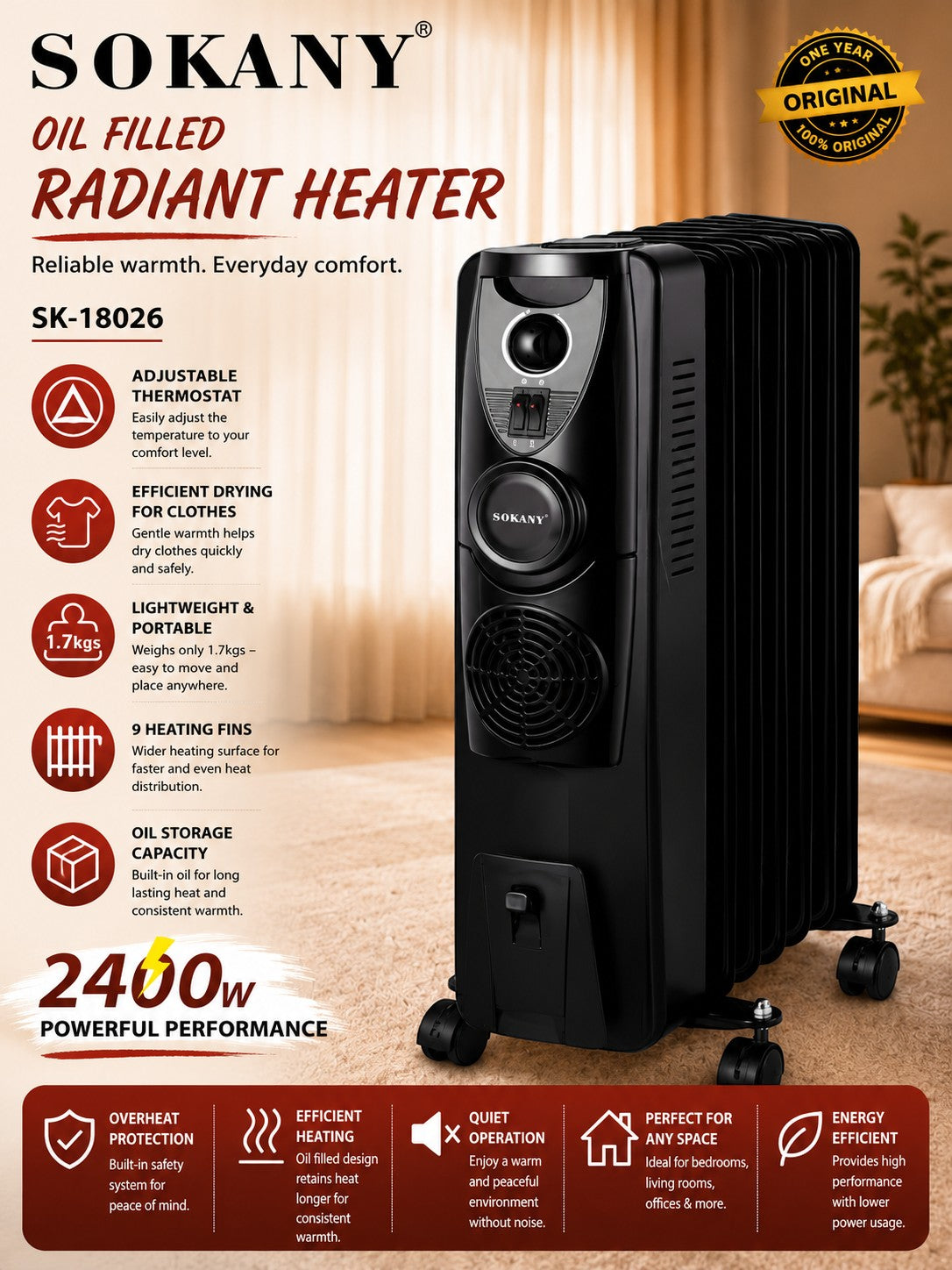 INOUTHOMECO SOKANY 9-fin black oil-filled radiant heater with adjustable thermostat and portable castor wheels.