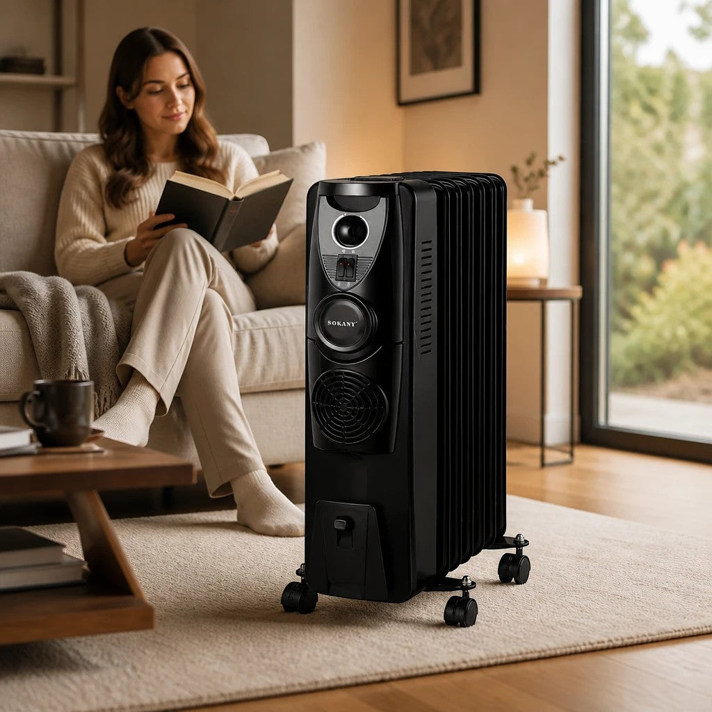 INOUTHOMECO SOKANY 9-fin black oil-filled radiant heater with adjustable thermostat in a cozy living room setting.