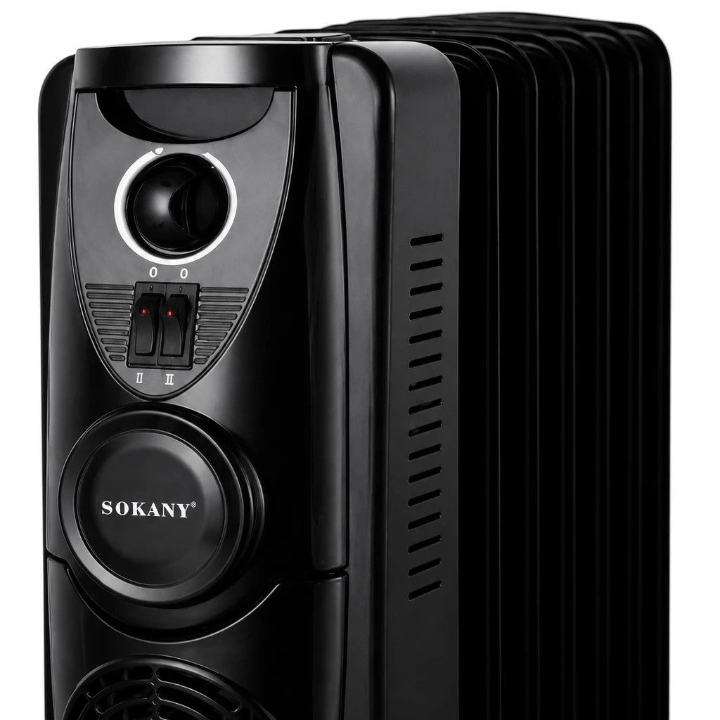 INOUTHOMECO SOKANY 9-fin oil-filled radiant heater in black with adjustable thermostat and power switches