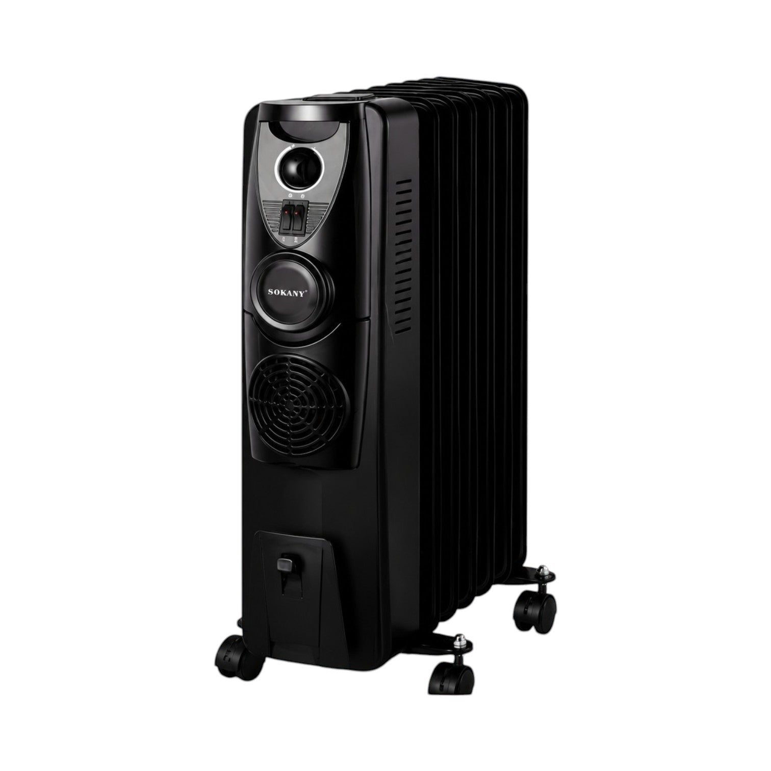 INOUTHOMECO SOKANY 9-fin black oil-filled radiant heater with adjustable thermostat and castor wheels.