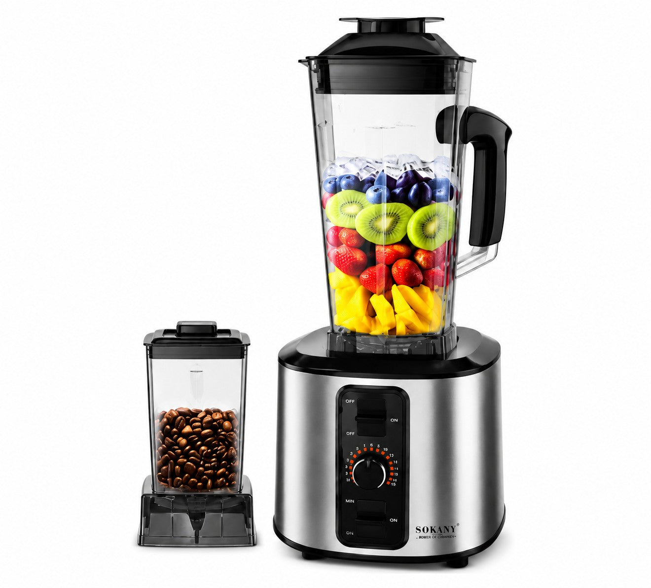 INOUTHOMECO Sokany 2-in-1 blender and grinder with a 2.0L jar filled with fruit and a separate coffee bean attachment.