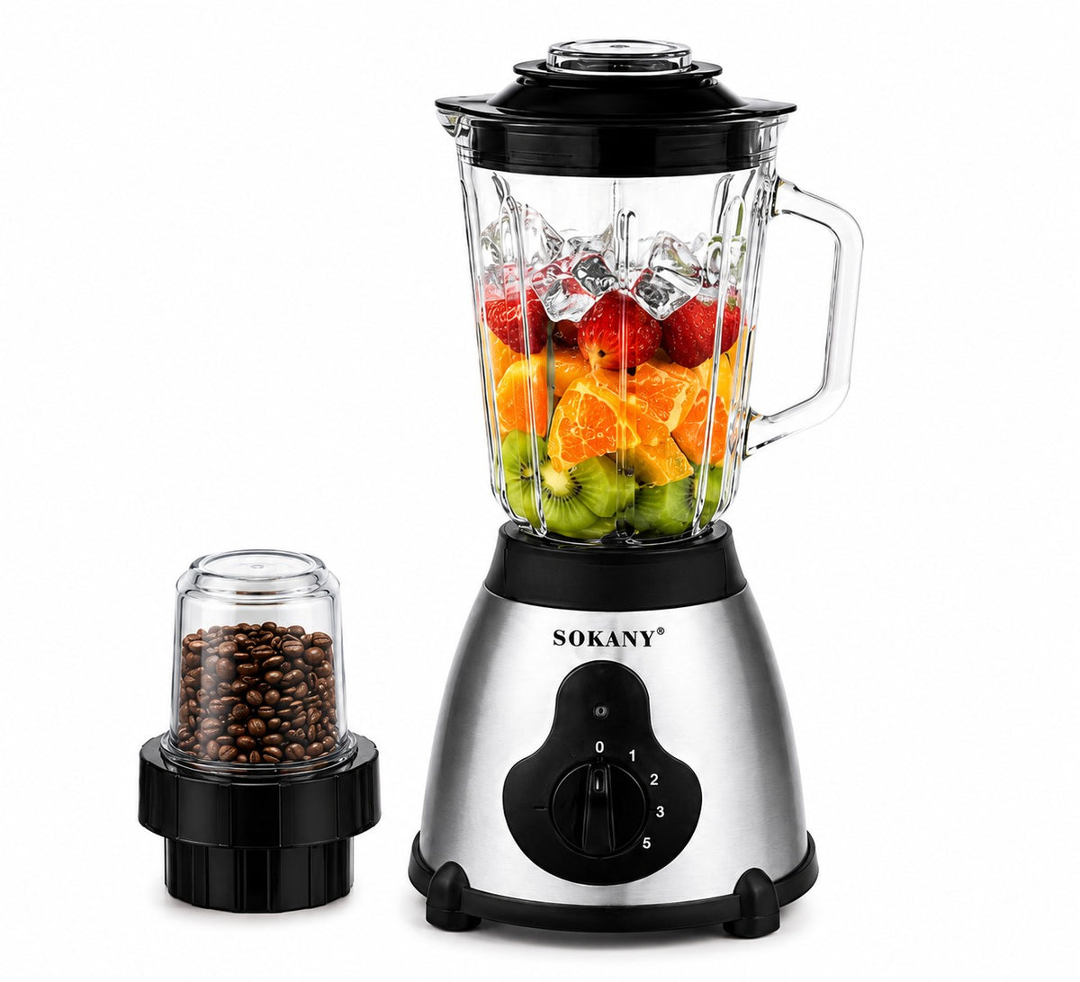 INOUTHOMECO SOKANY 2-in-1 blender and grinder with a 1.5L glass jar filled with fresh fruit and ice cubes.