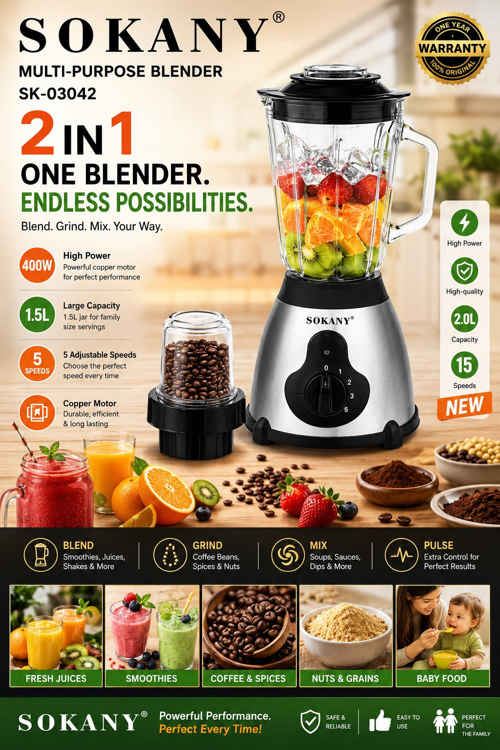 INOUTHOMECO Sokany 2-in-1 blender and grinder with 1.5L jar, 400W motor, and 5 speed settings for kitchen use.