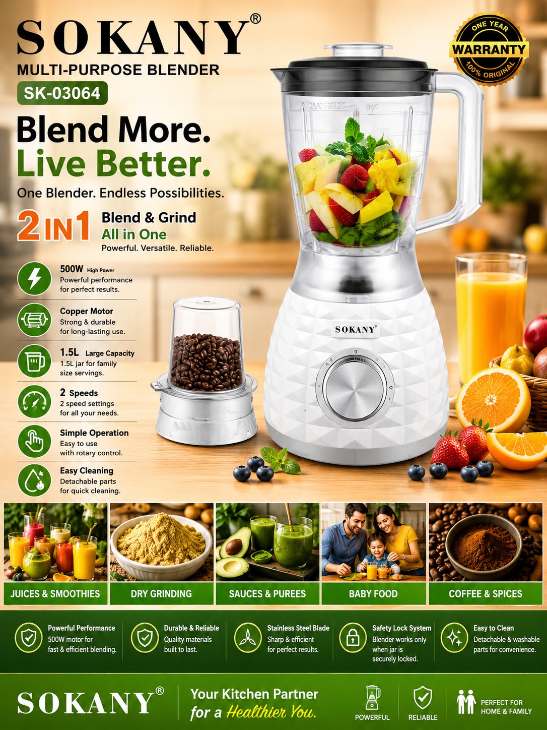 INOUTHOMECO Sokany 2-in-1 blender and grinder with 1.5L jar, 500W motor, and stainless steel blades for kitchen use.