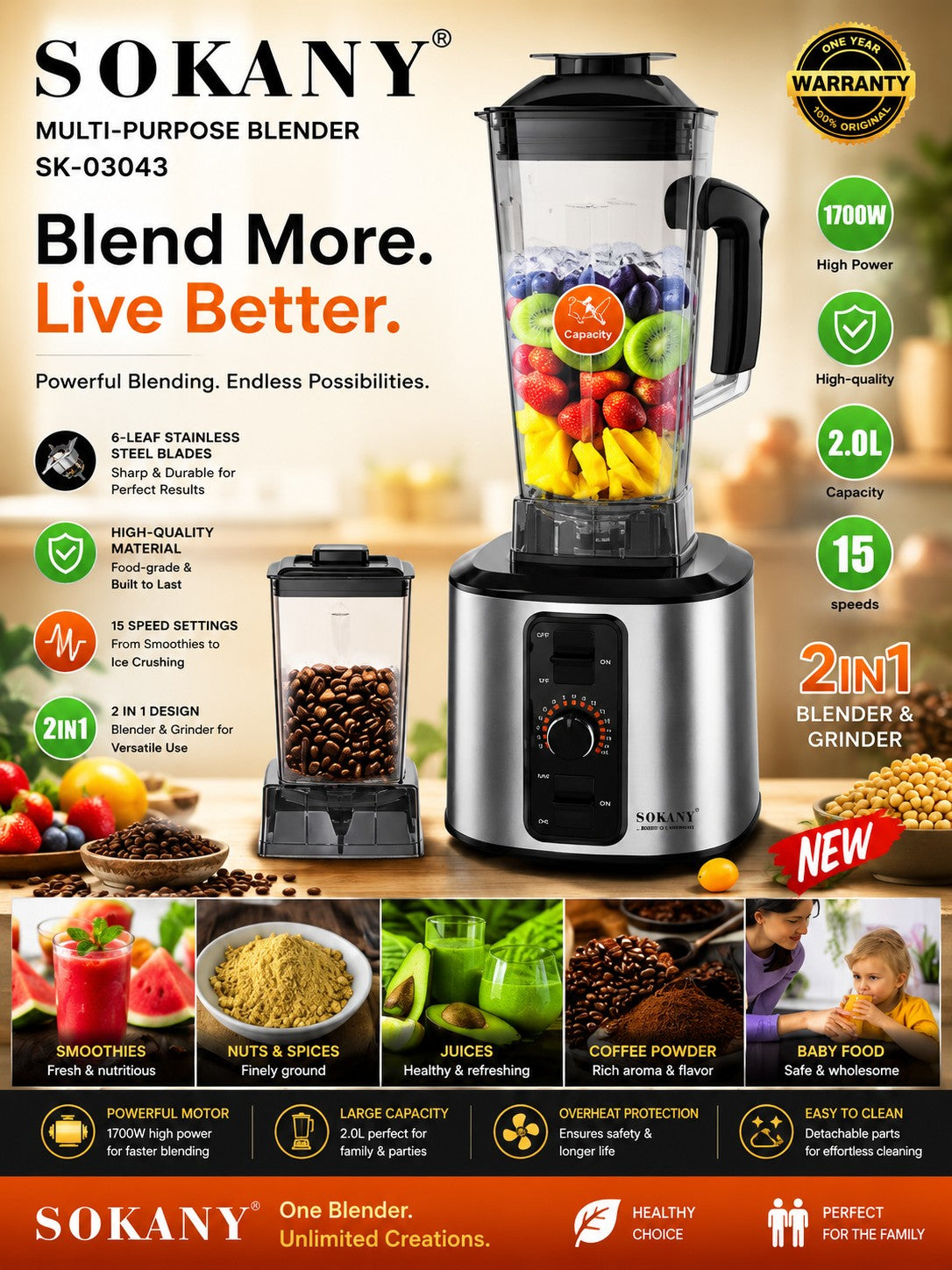 INOUTHOMECO SOKANY 2-in-1 blender and grinder with 1700W motor, 2.0L jar, and 15 speed settings for kitchen use.