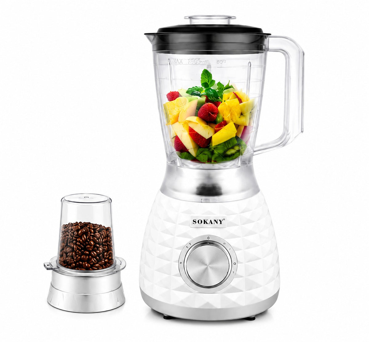 INOUTHOMECO Sokany 2-in-1 blender and grinder with a 1.5L jar filled with fruit and a separate coffee bean attachment.