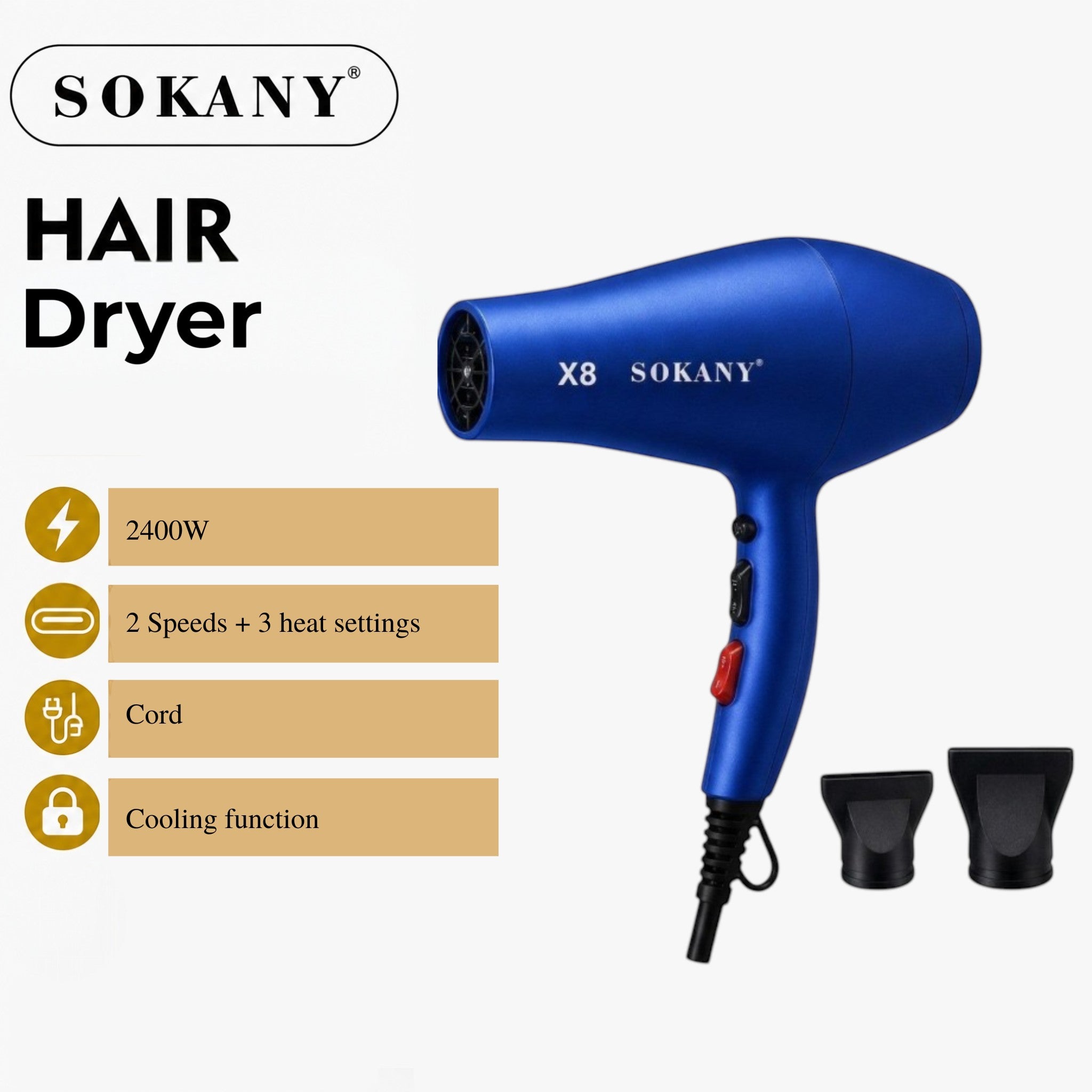 INOUTHOMECO Sokany X8 blue ionic hair dryer with 2400W motor, adjustable settings, and two concentrator nozzles.