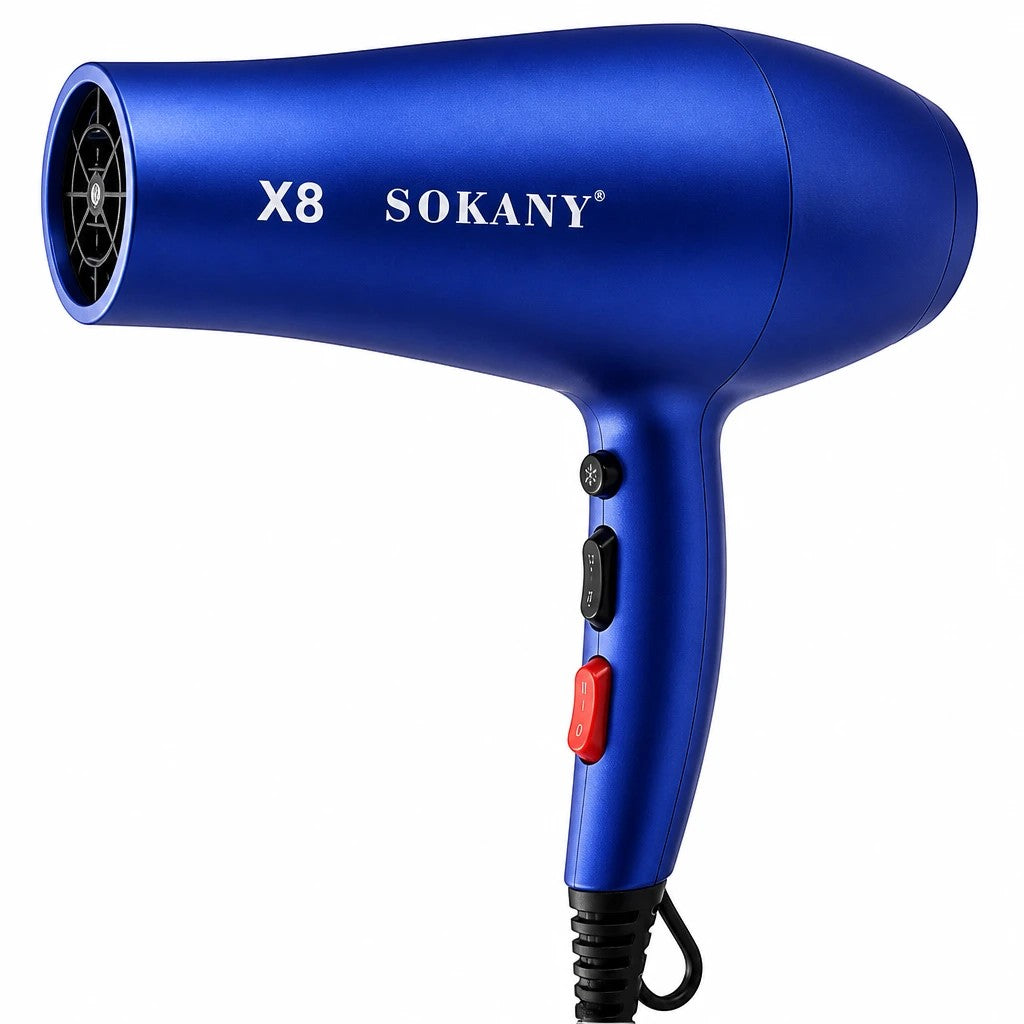 INOUTHOMECO Sokany X8 professional ionic hair dryer in metallic blue with 2400W motor and ergonomic handle
