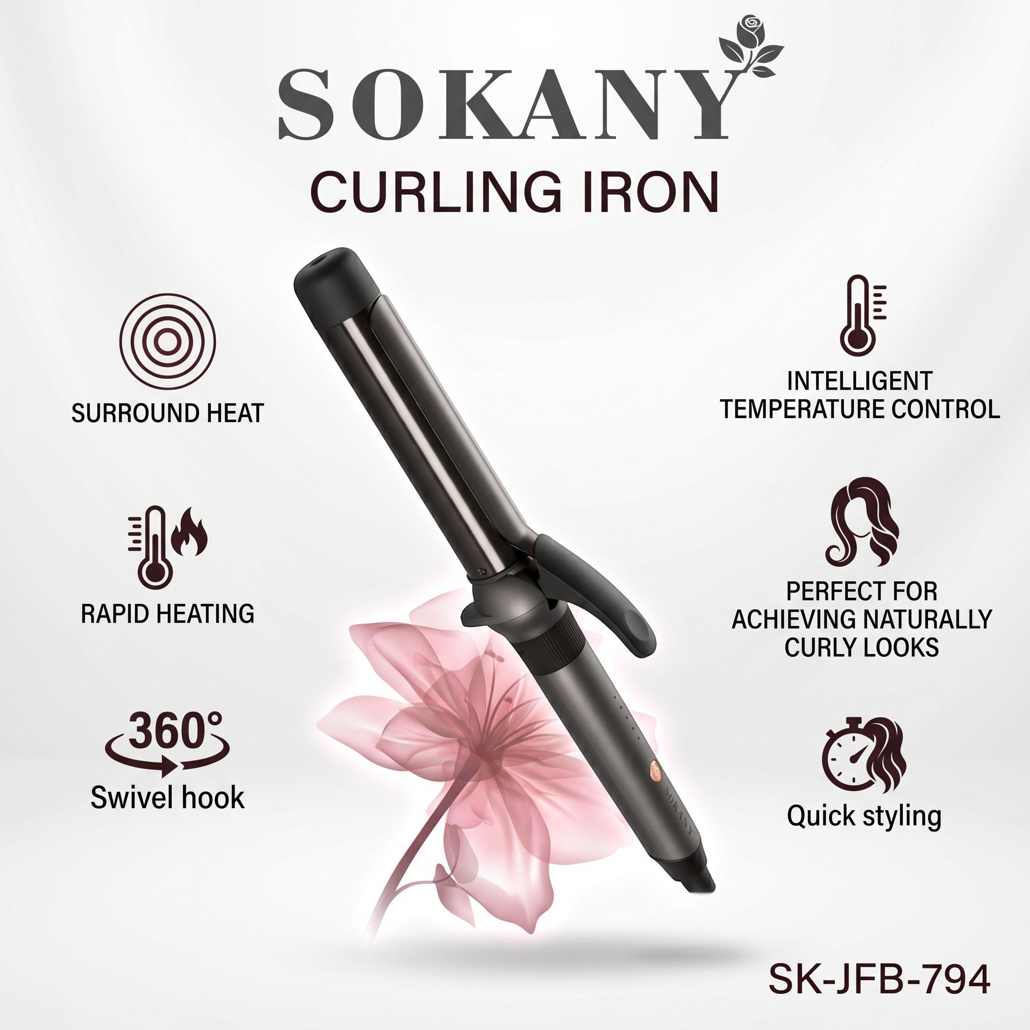 INOUTHOMECO Sokany ceramic curling iron with adjustable temperature control, rapid heating, and 360-degree swivel cord.