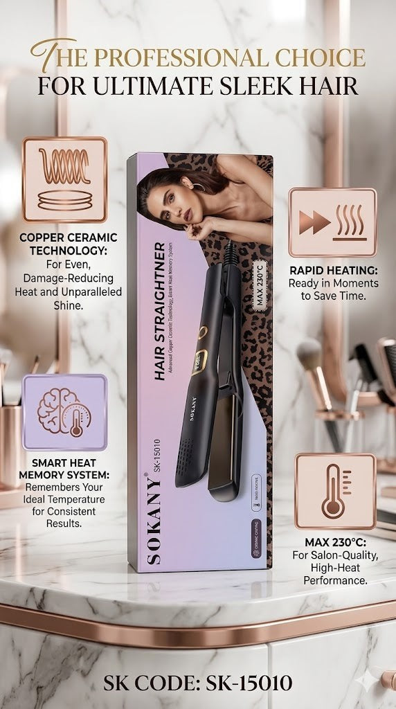 INOUTHOMECO Sokany SK-15010 ceramic hair straightener in its product box with professional styling feature highlights.