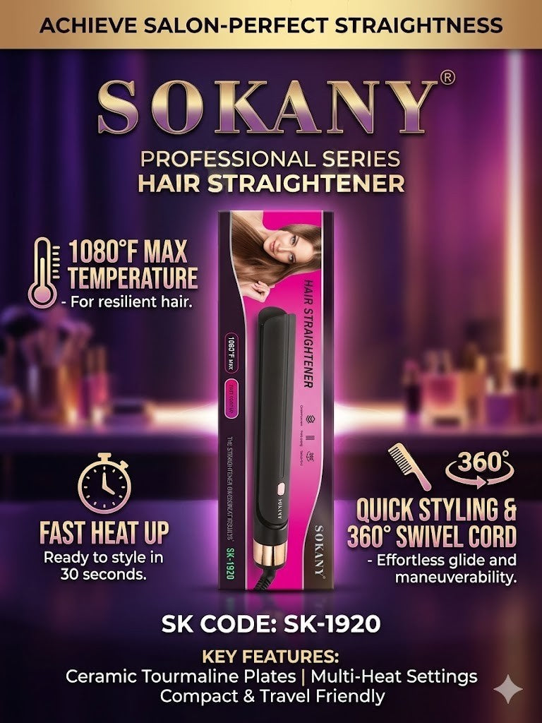 INOUTHOMECO Sokany SK-1920 ceramic hair straightener with fast-heating tourmaline plates and 360-degree swivel cord.