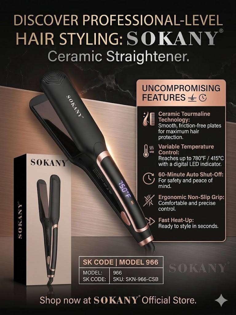 INOUTHOMECO Sokany professional ceramic hair straightener with digital temperature display and ergonomic black design