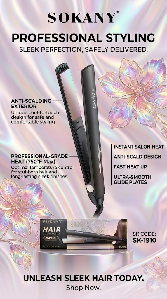 INOUTHOMECO Sokany SK-1910 ceramic hair straightener with anti-scald design and fast-heating plates on a floral background