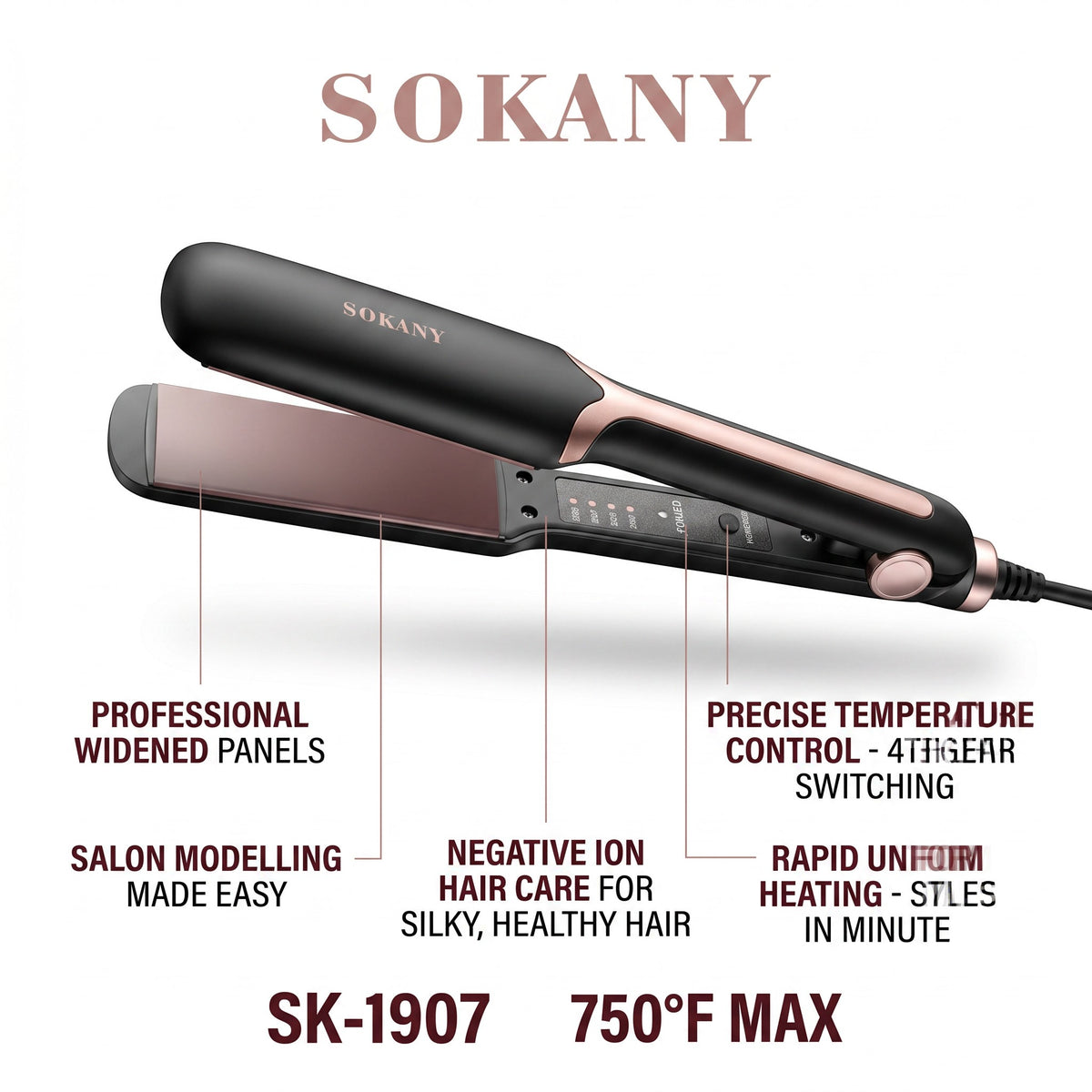 INOUTHOMECO Sokany SK-1907 professional hair straightener with ceramic plates, adjustable heat, and swivel cord.