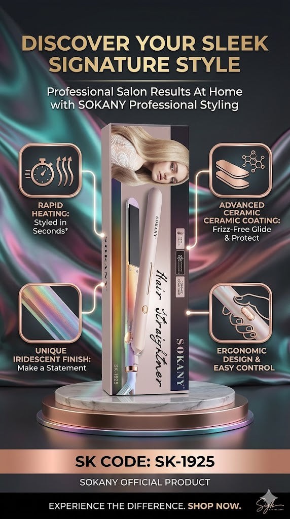 INOUTHOMECO Sokany SK-1925 ceramic hair straightener with iridescent finish and heat-resistant storage pouch