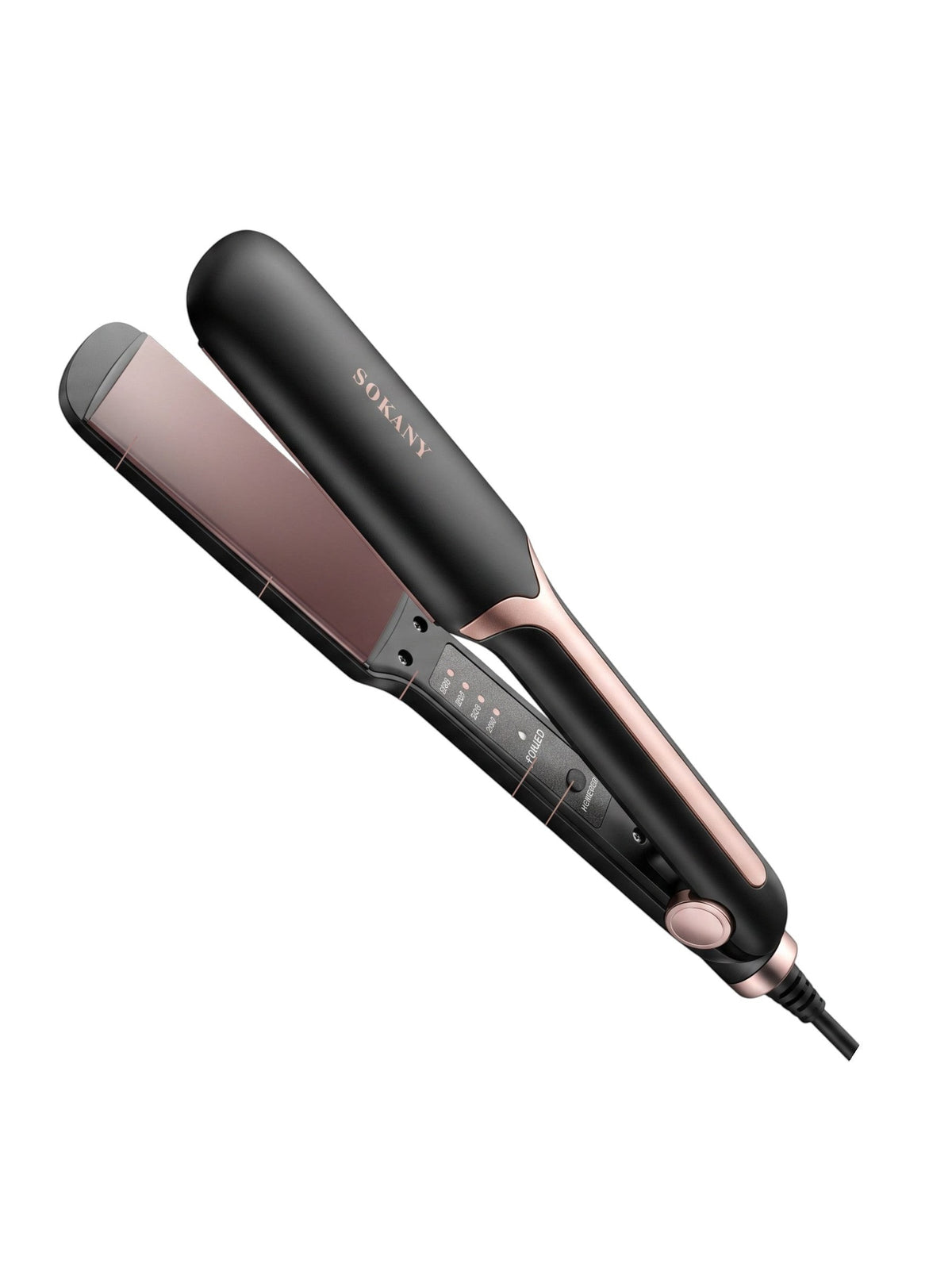 INOUTHOMECO Sokany professional hair straightener with black and rose gold finish and ceramic plates.