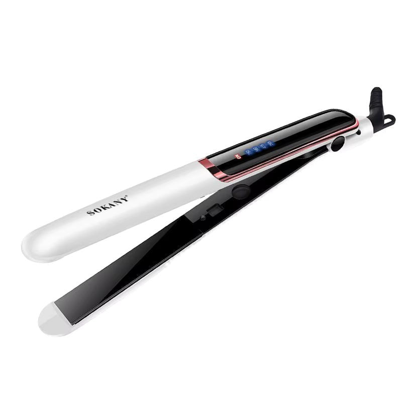 INOUTHOMECO Sokany ceramic hair straightener with white and black design, digital display, and swivel cord.