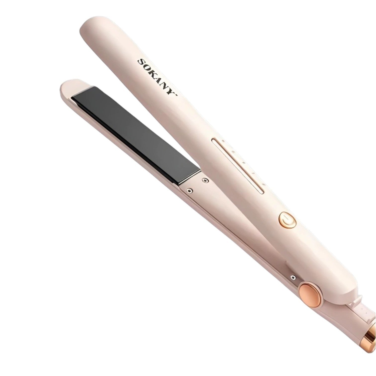 INOUTHOMECO Sokany ceramic hair straightener in a soft blush pink finish with black floating plates and gold accents.