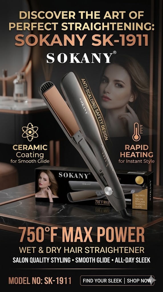 INOUTHOMECO Sokany SK-1911 wet and dry hair straightener with glazed ceramic plates and rapid heating technology.