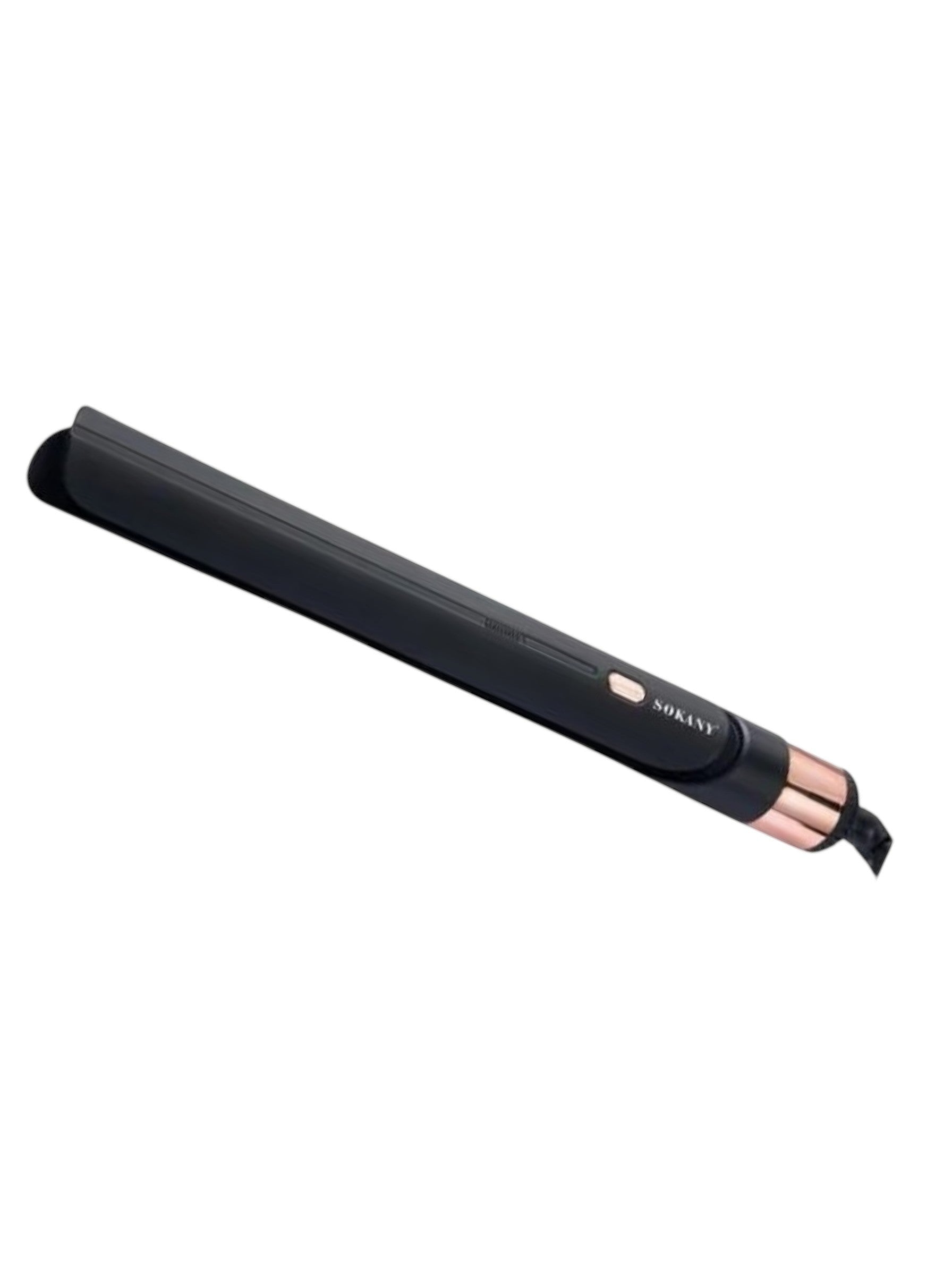 INOUTHOMECO Sokany ceramic hair straightener in black with rose gold accents and a 360-degree swivel cord.