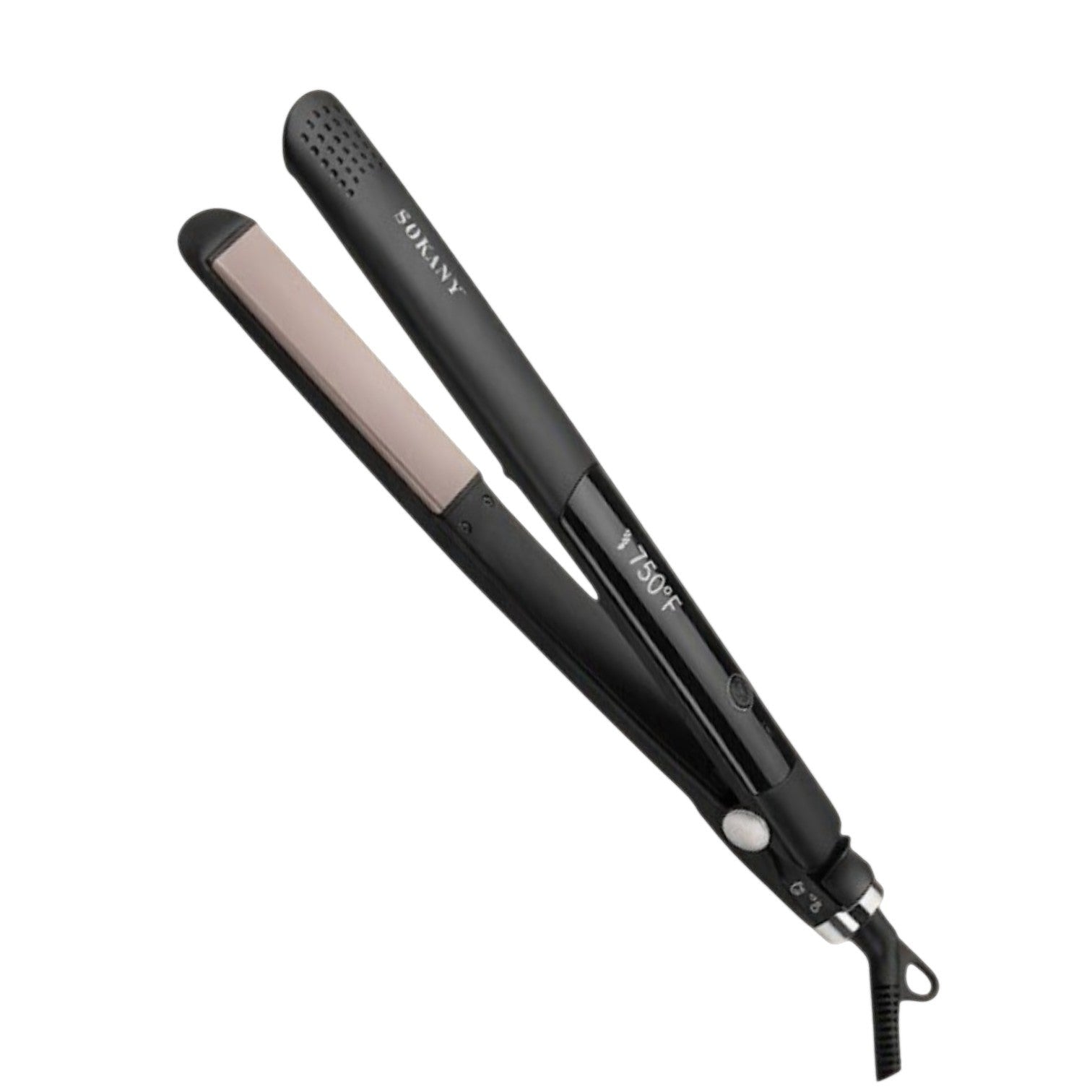 INOUTHOMECO Sokany ceramic hair straightener with black handle, beige floating plates, and digital temperature display.