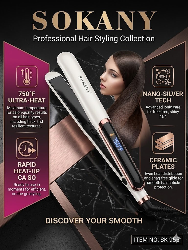 INOUTHOMECO Sokany ceramic hair straightener with digital display, featuring rose gold accents and sleek design.