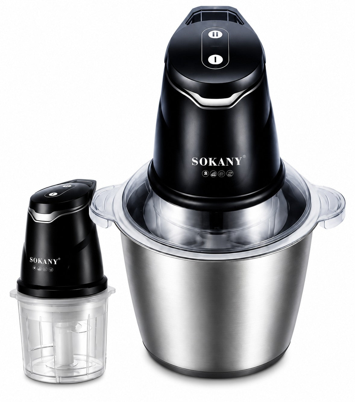 INOUTHOMECO SOKANY 2-in-1 electric food chopper and grinder with stainless steel and clear bowls and black motor units.