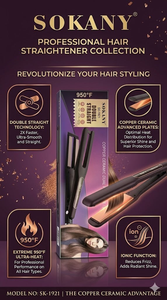 INOUTHOMECO Sokany copper ceramic dual plate hair straightener with 950F heat and ionic technology for sleek styling.