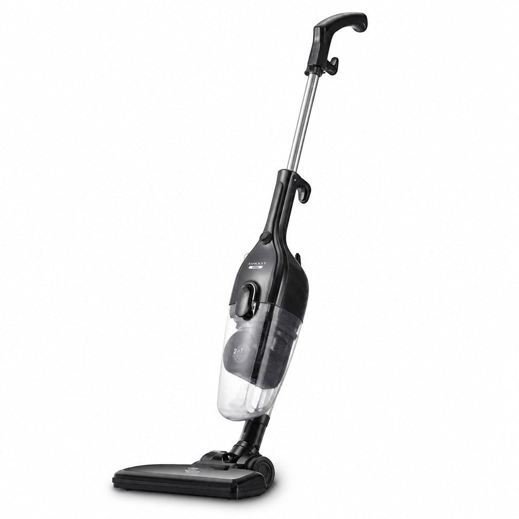 INOUTHOMECO SOKANY 2-in-1 corded stick vacuum cleaner in black with a transparent dust canister and HEPA filter